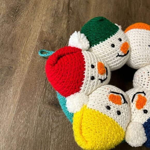 Handcrafted Crochet Snowmen Plush Wreath Cheery Colorful Christmas Decor 14” - Picture 3 of 9